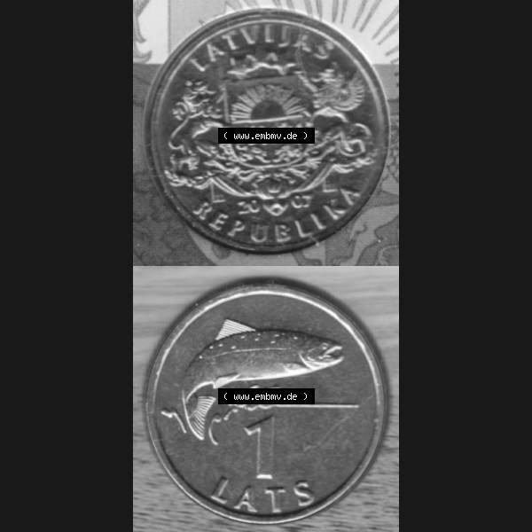 Grau bzw. s/w Münzen Lettland Umlaufmünze 1992-2008, 1 Lats 2007, Münze aus Münzensatz, Münzseiten Vertikal für Mobile-Geräte als Bildmaterial Sammlung Graustufen