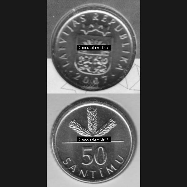 Grau bzw. s/w Münzen Lettland Umlaufmünze 1992-2009, 50 Centimes 2007, Münze aus Münzensatz, Münzseiten Vertikal für Mobile-Geräte als Bildmaterial Sammlung Graustufen