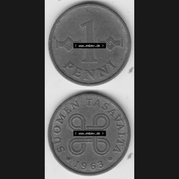 Grau bzw. s/w Münzen Finnland Umlaufmünze 1963-1969, 1 Penni 1963. Vorderseite und Rückseite vertikal auf einen digitalen Bild der alten finnischen Umlaufmünze aus Finnland SUOMI zum... Sammlung Graustufen
