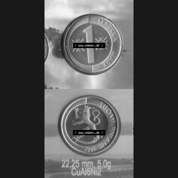 Grau bzw. s/w Münzen Finnland Umlaufmünze 2001, 1 Markka, Mark. Vorderseite und Rückseite vertikal auf einen digitalen Bild der alten finnischen Umlaufmünze aus Finnland SUOMI... Sammlung Graustufen