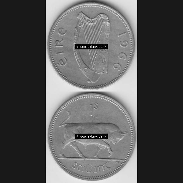 Grau bzw. s/w Münzen Irland Umlaufmünze 1951-1968, 1 Schilling 1966. Vorderseite und Rückseite vertikal untereinander auf einen digitalen Bild der alten irischen Umlaufmünze aus Irland... Sammlung Graustufen