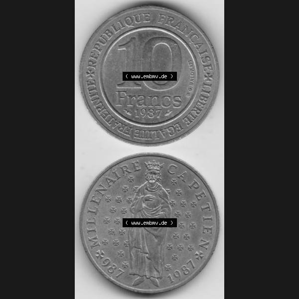Grau bzw. s/w Münze Frankreich 1987-1987, 10 Francs 1000 Jahre König Hugo Capet erster König von Frankreich. Vorderseite und Rückseite vertikal auf einen digitalen Bild der alten französischen... Sammlung Graustufen