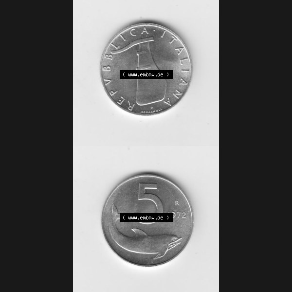 Grau bzw. s/w Münzen Italien Umlaufmünze 1951-2001, 5 Lira-Lire Schiffs-Ruder 1972. Vorderseite und Rückseite vertikal untereinander auf einen digitalen Bild der alten italienischen Münze... Sammlung Graustufen