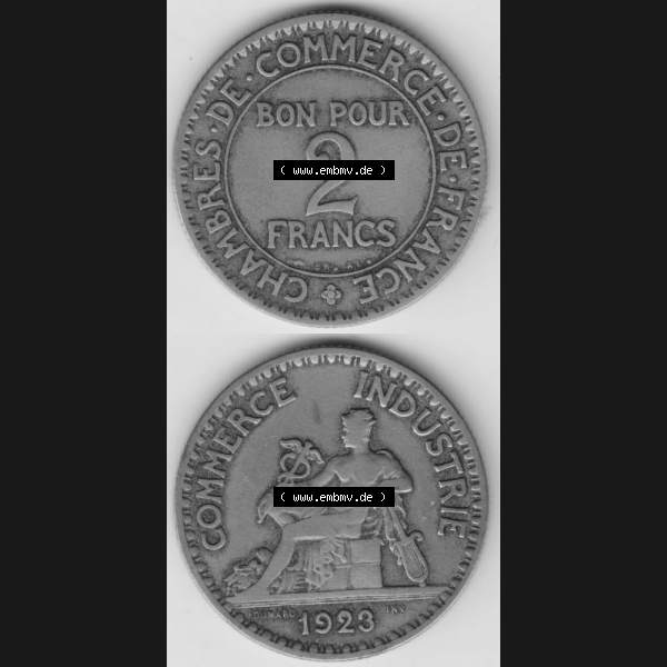 Grau bzw. s/w Münze Frankreich 1920-1927, 2 Francs, Franken 1923. Vorderseite und Rückseite vertikal auf einen digitalen Bild der alten französischen Umlaufmünze aus Frankreich... Sammlung Graustufen