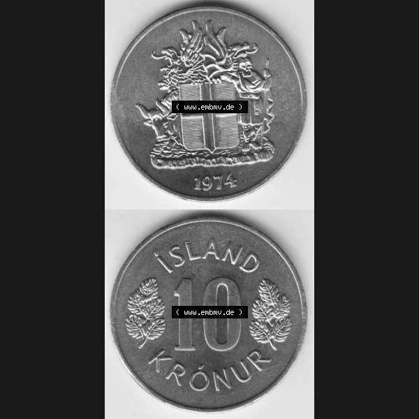 Grau bzw. s/w Münzen Island Umlaufmünze 1967-1980, 10 Kronur, Kronen 1974. Vorderseite und Rückseite vertikal untereinander auf einen digitalen Bild der alten Isländischen Umlaufmünze... Sammlung Graustufen