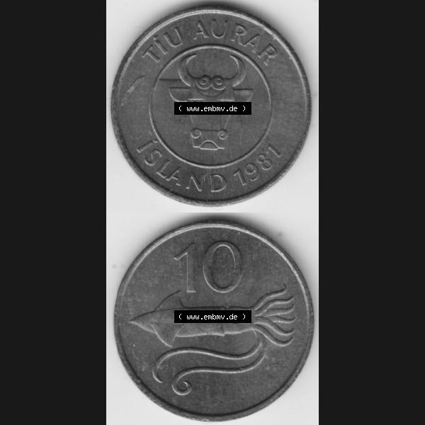 Grau bzw. s/w Münzen Island Umlaufmünze 1981-1981, 10 Tiu Aurar 1981. Vorderseite und Rückseite vertikal untereinander auf einen digitalen Bild der alten Isländischen Umlaufmünze... Sammlung Graustufen