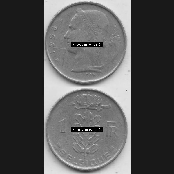 Grau bzw. s/w Münzen Belgien Umlaufmünze 1950-1988, 1 Francs-Franken 1958 Belgique. Vorderseite und Rückseite vertikal auf einen digitalen Bild der alten belgischen Francs Umlaufmünze... Sammlung Graustufen