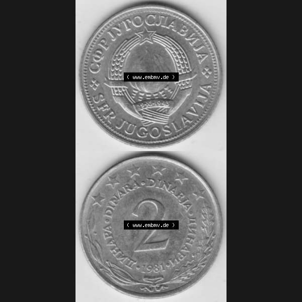 Grau bzw. s/w Münzen Jugoslawien Umlaufmünze 1971-1981, 2 Dinar 1981, Münzseiten Vertikal für Mobile-Geräte als Bildmaterial Sammlung Graustufen