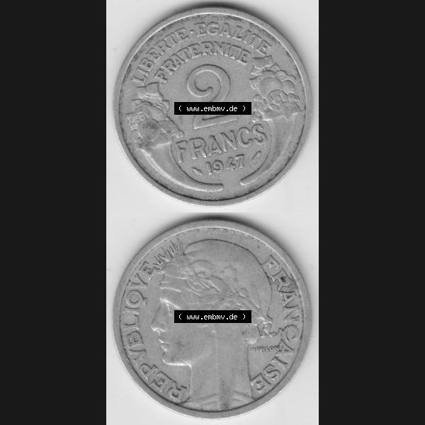 Grau bzw. s/w Münze Frankreich 1941-1959, 2 Francs, Franken 1947. Vorderseite und Rückseite vertikal auf einen digitalen Bild der alten französischen Umlaufmünze aus Frankreich... Sammlung Graustufen
