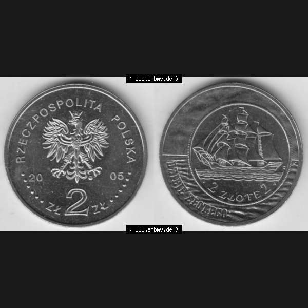 Grau bzw. s/w Münzen Polen Gedenkmünze 2005-2005, 2 Zloty, Segelschiff auf 2 Zloty und 5 Zloty der Ausgabe 1936, Bild mit Vollansicht als Bildmaterial Sammlung Graustufen