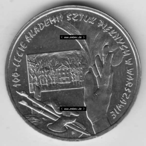 Grau bzw. s/w Münzen Polen Gedenkmünze 2004-2004, 2 Zloty, 100 Jahre Gründung der Kunstakademie, Bild mit Rückseite der Münze als Bildmaterial Sammlung Graustufen