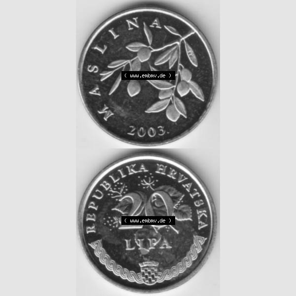 Grau bzw. s/w Münzen Kroatien Umlaufmünze 1993-2021, 20 Lipa 2003, Münzseiten Vertikal für Mobile-Geräte als Bildmaterial Sammlung Graustufen