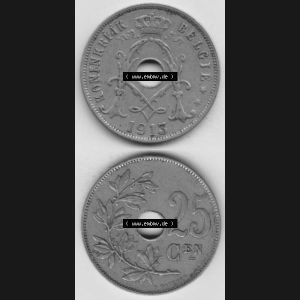 Grau bzw. s/w Münzen Belgien Umlaufmünze 1910-1929, 25 Cen, 1913 Centimes Koninkrijk Belgie. Vorderseite und Rückseite vertikal auf einen digitalen Bild der alten belgischen Francs... Sammlung Graustufen