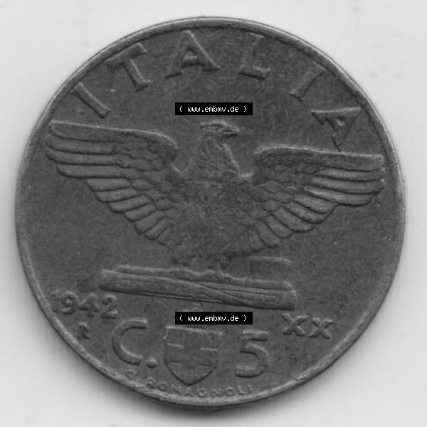 Grau bzw. s/w Münzen Italien Umlaufmünze 1939-1943, 5 Centesimi 1942. Vorderseite der alten italienischen Münze aus Italien in der italienischen Lira-Währung zum katalogisieren und verwalten... Sammlung Graustufen