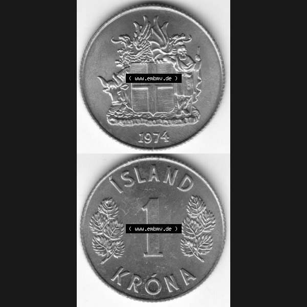 Grau bzw. s/w Münzen Island Umlaufmünze 1957-1975, 1 Krona, Krone 1974. Vorderseite und Rückseite vertikal untereinander auf einen digitalen Bild der alten Isländischen Umlaufmünze... Sammlung Graustufen