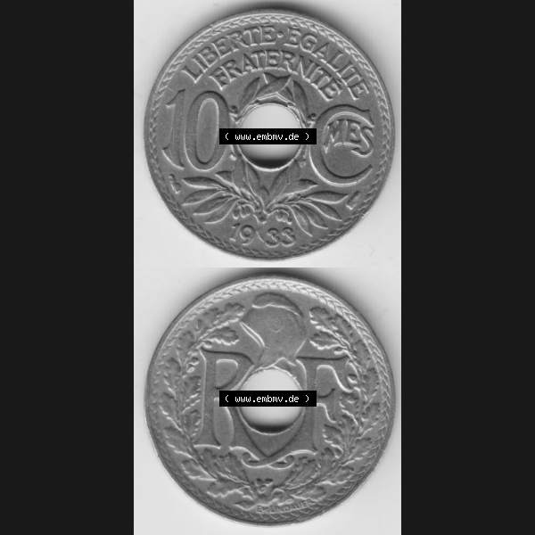 Grau bzw. s/w Münze Frankreich 1917-1938, 10 Centimes, Cent 1933. Vorderseite und Rückseite vertikal auf einen digitalen Bild der alten französischen Umlaufmünze 10 Cmes - Centimes... Sammlung Graustufen