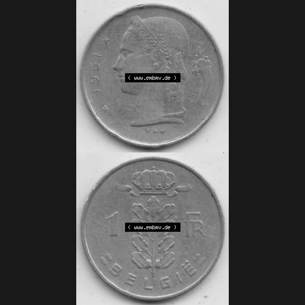 Grau bzw. s/w Münzen Belgien Umlaufmünze 1950-1988, 1 Francs-Franken 1951 Belgie. Vorderseite und Rückseite vertikal auf einen digitalen Bild der alten belgischen Francs Umlaufmünze... Sammlung Graustufen