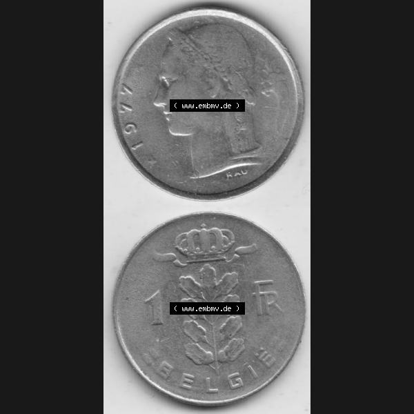 Grau bzw. s/w Münzen Belgien Umlaufmünze 1950-1988, 1 Francs-Franken 1977 Belgie. Vorderseite und Rückseite vertikal auf einen digitalen Bild der alten belgischen Francs Umlaufmünze... Sammlung Graustufen