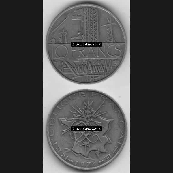 Grau bzw. s/w Münze Frankreich 1974-1987, 10 Franken-Francs 1976. Vorderseite und Rückseite vertikal auf einen digitalen Bild der alten französischen Umlaufmünze aus Frankreich in der... Sammlung Graustufen