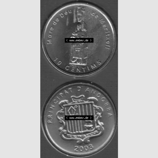 Grau bzw. s/w Münzen Andorra Sammlermünze aus KMS 2003, 10 Centims, Jungfrau von Meritxell. Vorderseite und Rückseite vertikal auf einen digitalen Bild der alten Diner Umlaufmünze... Sammlung Graustufen