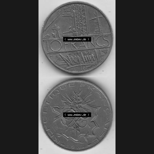 Grau bzw. s/w Münze Frankreich 1974-1987, 10 Franken-Francs 1984. Vorderseite und Rückseite vertikal auf einen digitalen Bild der alten französischen Umlaufmünze aus Frankreich in der... Sammlung Graustufen