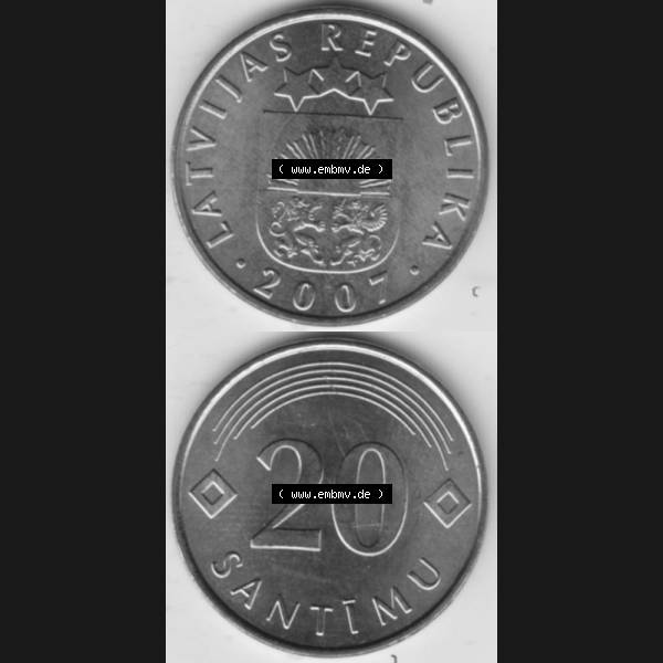 Grau bzw. s/w Münzen Lettland Umlaufmünze 1992-2009, 20 Santimu 2007, Münzseiten Vertikal für Mobile-Geräte als Bildmaterial Sammlung Graustufen