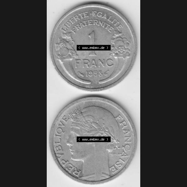 Grau bzw. s/w Münze Frankreich 1941-1959, 1 Francs, Franken 1958. Vorderseite und Rückseite vertikal auf einen digitalen Bild der alten französischen Umlaufmünze aus Frankreich... Sammlung Graustufen