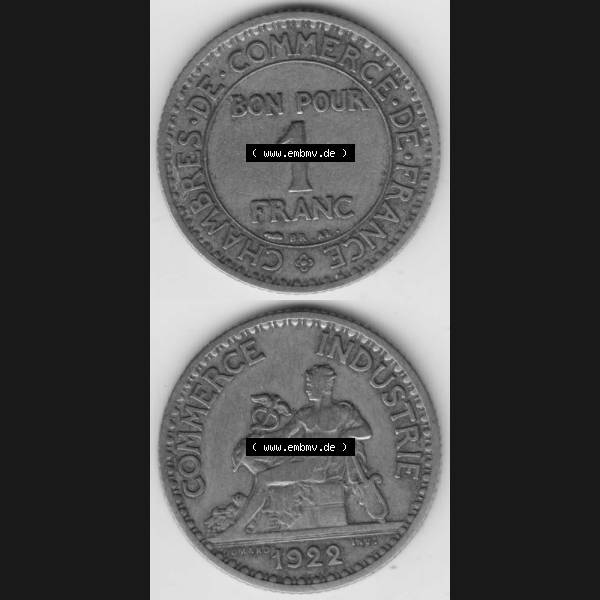 Grau bzw. s/w Münze Frankreich 1920-1927, 1 Francs, Franken 1922. Vorderseite und Rückseite vertikal auf einen digitalen Bild der alten französischen Umlaufmünze aus Frankreich... Sammlung Graustufen