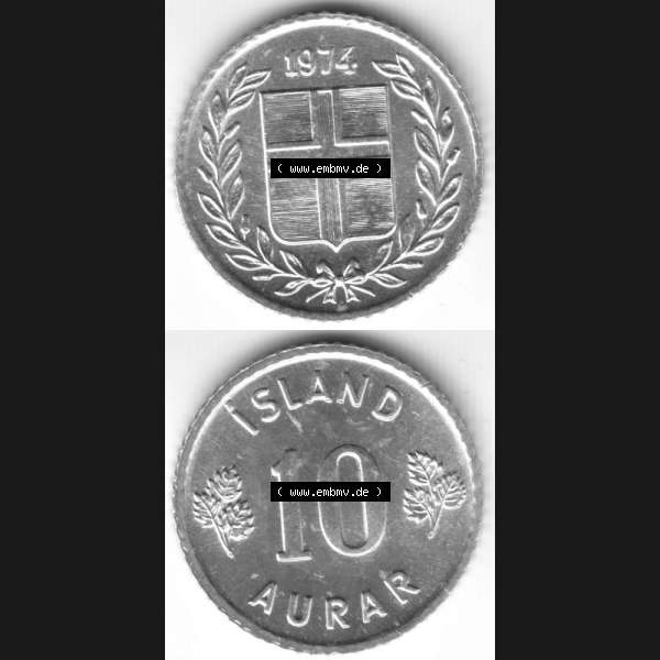 Grau bzw. s/w Münzen Island Umlaufmünze 1970-1974, 10 Aurar 1974, Münzseiten Vertikal für Mobile-Geräte zum Bildmaterial Sammlung Graustufen