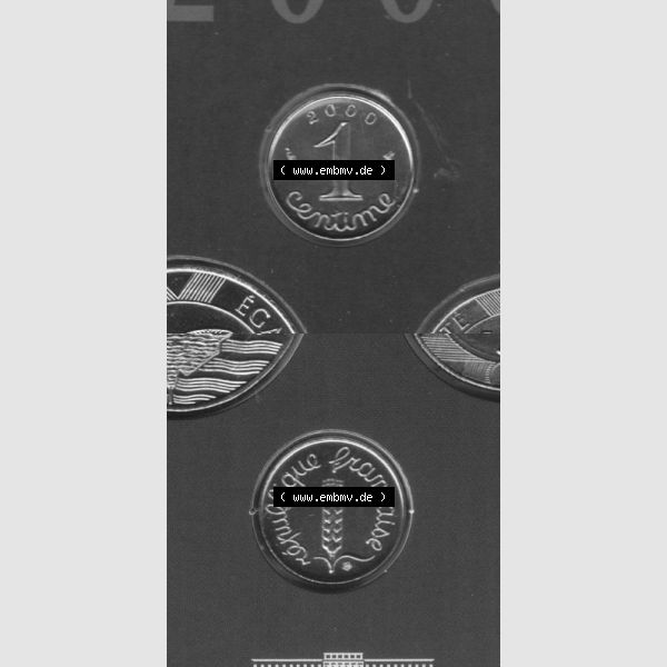 Grau bzw. s/w Münze Frankreich 2000, 1 Centime. Vorderseite und Rückseite vertikal auf einen digitalen Bild der alten französischen Umlaufmünze aus Frankreich in der Francs-Währung... Sammlung Graustufen