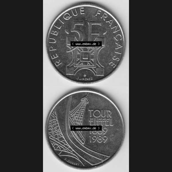 Grau bzw. s/w Münze Frankreich 1989-1989, 5 Francs Franken Eiffelturm. Vorderseite und Rückseite vertikal auf einen digitalen Bild der alten französischen Umlaufmünze aus Frankreich... Sammlung Graustufen