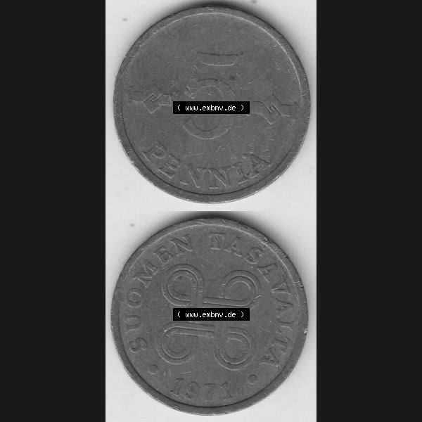 Grau bzw. s/w Münzen Finnland Umlaufmünze 1963-1977, 5 Penniä 1971. Vorderseite und Rückseite vertikal auf einen digitalen Bild der alten finnischen Umlaufmünze aus Finnland SUOMI... Sammlung Graustufen