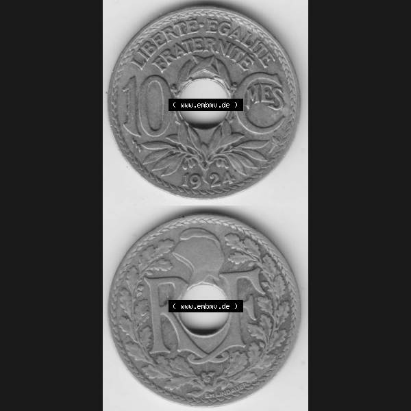 Grau bzw. s/w Münze Frankreich 1917-1938, 10 Centimes, Cent 1924. Vorderseite und Rückseite vertikal auf einen digitalen Bild der alten französischen Umlaufmünze 10 Cmes - Centimes... Sammlung Graustufen