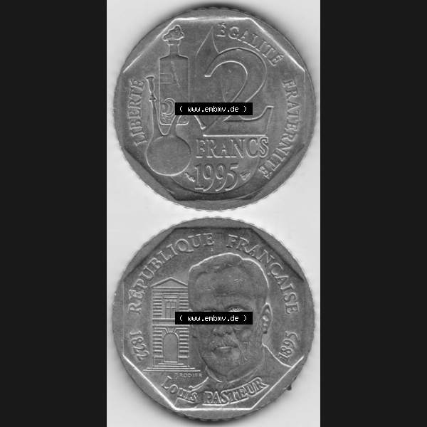 Grau bzw. s/w Münze Frankreich 1995-1995, 2 France Louis Rasteur. Vorderseite und Rückseite vertikal auf einen digitalen Bild der alten französischen Umlaufmünze aus Frankreich in der... Sammlung Graustufen