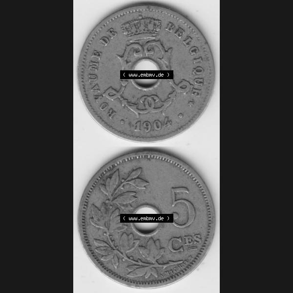 Grau bzw. s/w Münzen Belgien Umlaufmünze 1904-1907, 5 Ces, Centimes Koninkrijk Belgie. Vorderseite und Rückseite vertikal auf einen digitalen Bild der alten belgischen Francs Umlaufmünze... Sammlung Graustufen