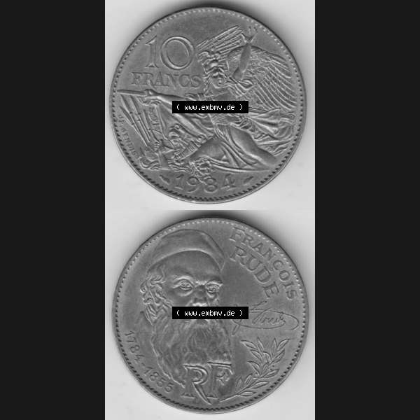 Grau bzw. s/w Münze Frankreich 1984-1984, 10 Francs Francois Rude. Vorderseite und Rückseite vertikal auf einen digitalen Bild der alten französischen Umlaufmünze aus Frankreich in der... Sammlung Graustufen