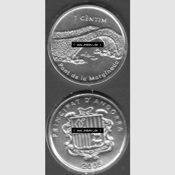 Grau bzw. s/w Münzen Andorra Sammlermünze aus KMS 2003, 1 Centime, Brücke von Margineda. Vorderseite und Rückseite vertikal auf einen digitalen Bild der alten Diner Umlaufmünze... Sammlung Graustufen