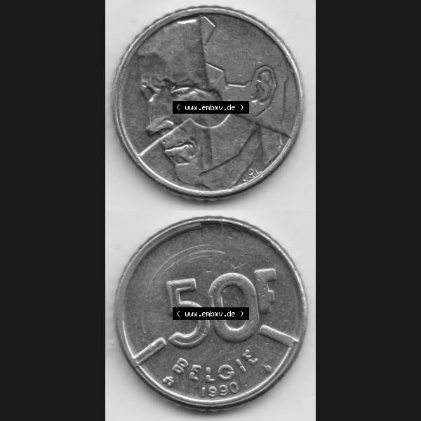 Grau bzw. s/w Münzen Belgien Umlaufmünze 1987-1993, 50 Francs Belgie. Vorderseite und Rückseite vertikal auf einen digitalen Bild der alten belgischen Francs Umlaufmünze aus Belgien... Sammlung Graustufen