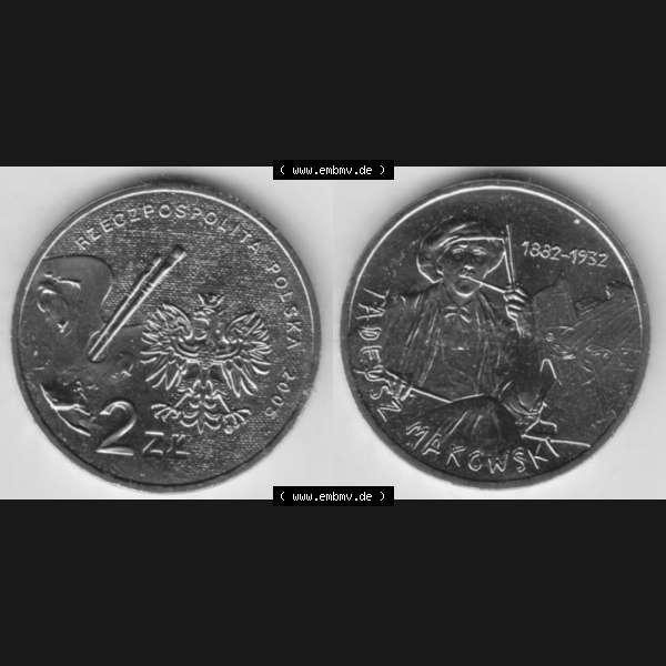 Grau bzw. s/w Münzen Polen Gedenkmünze 2005-2005, 2 Zloty, Polnische Maler, Tadeusz Makowski, Bild mit Vollansicht als Bildmaterial Sammlung Graustufen