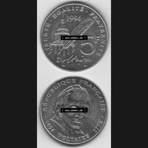Grau bzw. s/w Münze Frankreich 1994-1994, 5 Francs Liberte Egalite Fraternite. Vorderseite und Rückseite vertikal auf einen digitalen Bild der alten französischen Umlaufmünze aus Frankreich... Sammlung Graustufen