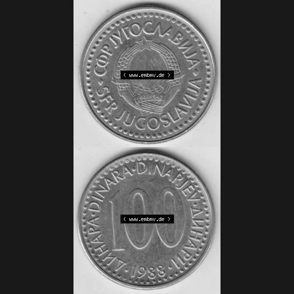 Grau bzw. s/w Münzen Jugoslawien Umlaufmünze 1985-1988, 100 Dinar 1988, Münzseiten Vertikal für Mobile-Geräte als Bildmaterial Sammlung Graustufen