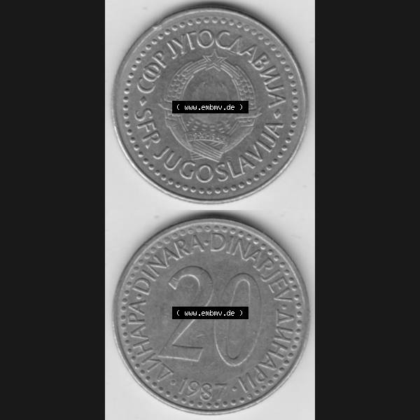 Grau bzw. s/w Münzen Jugoslawien Umlaufmünze 1985-1987, 20 Dinar 1987, Münzseiten Vertikal für Mobile-Geräte als Bildmaterial Sammlung Graustufen