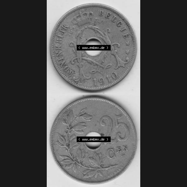 Grau bzw. s/w Münzen Belgien Umlaufmünze 1910-1929, 25 Cen, 1910 Centimes Koninkrijk Belgie. Vorderseite und Rückseite vertikal auf einen digitalen Bild der alten belgischen Francs... Sammlung Graustufen