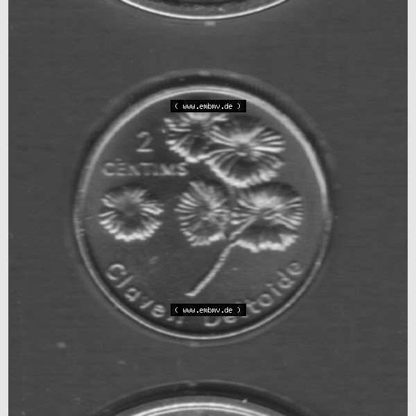 Grau bzw. s/w Münzen Andorra Sammlermünze aus KMS 2003, 2 Centims, Blumen, Heide-Nelke. Rückseite der alten Diner Umlaufmünze aus Andorra vor Einführung der Euromünzen... Sammlung Graustufen