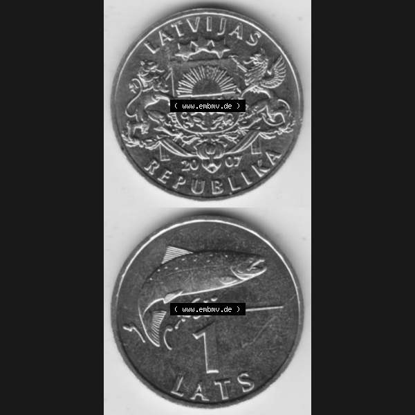 Grau bzw. s/w Münzen Lettland Umlaufmünze 1992-2008, 1 Lats 2007, Münzseiten Vertikal für Mobile-Geräte als Bildmaterial Sammlung Graustufen