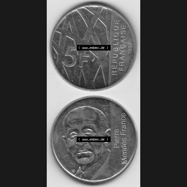 Grau bzw. s/w Münze Frankreich 1992-1992, 000500. 5 Francs Franken in Nickel. Vorderseite und Rückseite vertikal auf einen digitalen Bild der alten französischen Umlaufmünze aus... Sammlung Graustufen
