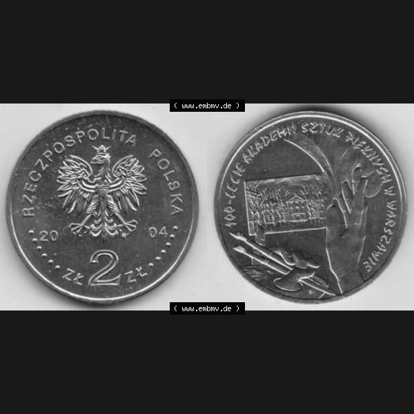Grau bzw. s/w Münzen Polen Gedenkmünze 2004-2004, 2 Zloty, 100 Jahre Gründung der Kunstakademie, Münzseiten Untereinander als Bildmaterial Sammlung Graustufen