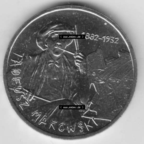 Grau bzw. s/w Münzen Polen Gedenkmünze 2005-2005, 2 Zloty, Polnische Maler, Tadeusz Makowski, Bild mit Rückseite der Münze als Bildmaterial Sammlung Graustufen