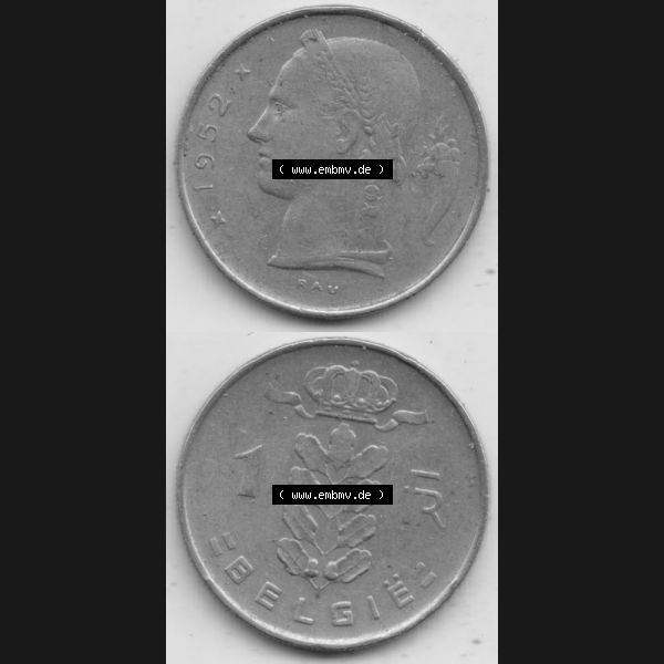 Grau bzw. s/w Münzen Belgien Umlaufmünze 1950-1988, 1 Francs-Franken 1952 Belgie. Vorderseite und Rückseite vertikal auf einen digitalen Bild der alten belgischen Francs Umlaufmünze... Sammlung Graustufen