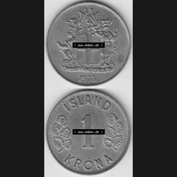 Grau bzw. s/w Münzen Island Umlaufmünze 1967-1975, 1 KR Krone 1975. Vorderseite und Rückseite vertikal untereinander auf einen digitalen Bild der alten Isländischen Umlaufmünze... Sammlung Graustufen